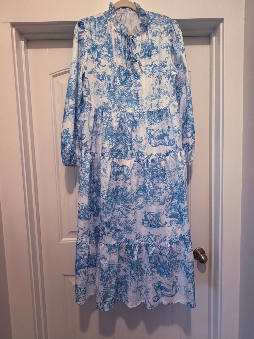 Blue Toile Long Sleeve Tiered Midi Dress